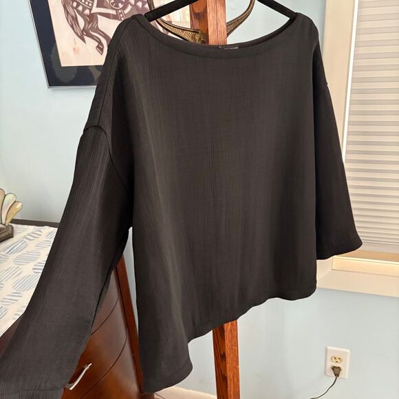 Eileen Fisher Silk Blend Boatneck 3/4 Sleeve Double Layer "Sponge" Top Black L - Picture 3 of 7